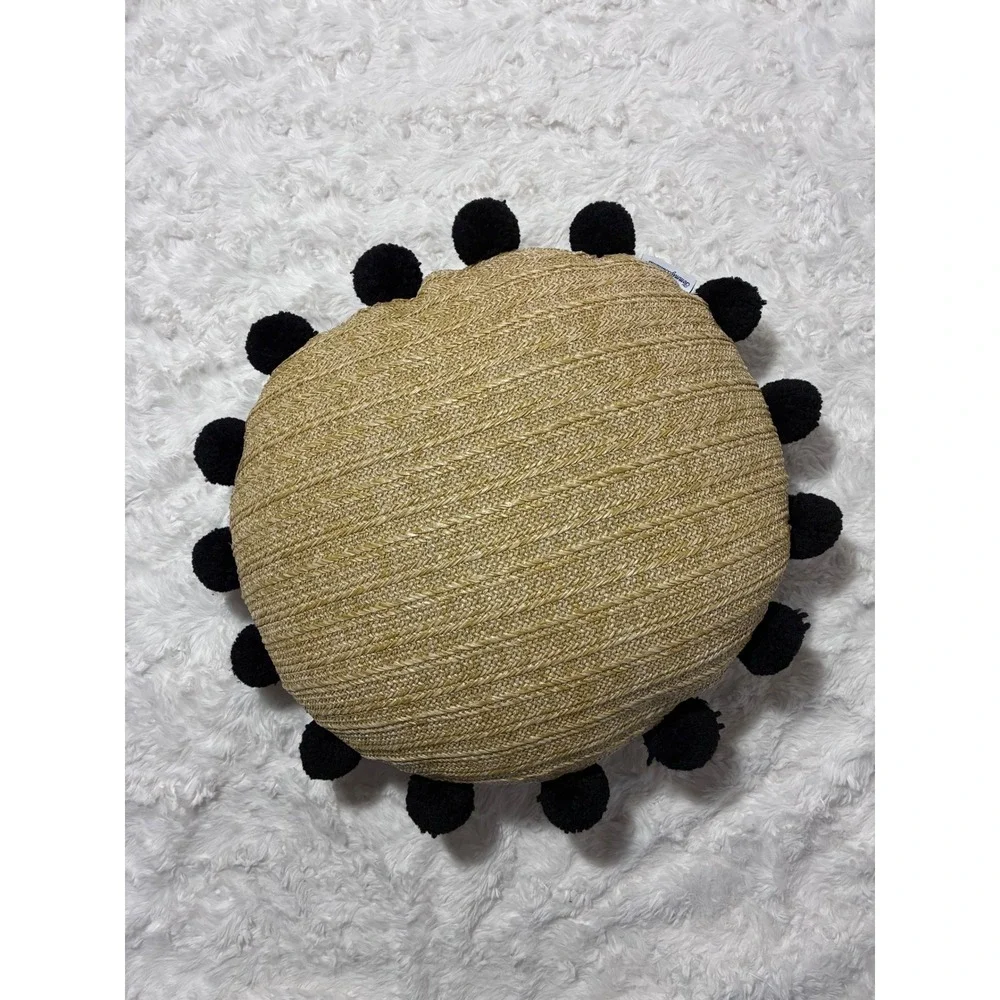 Boho Round Pom Pom Woven Straw Decorative Pillow Tan Black Coastal Tommy Bahama